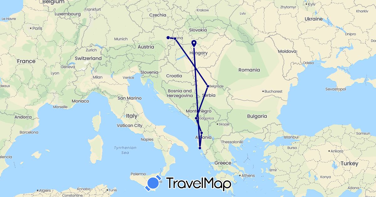 TravelMap itinerary: driving in Albania, Austria, Hungary, Montenegro, Serbia, Slovakia (Europe)